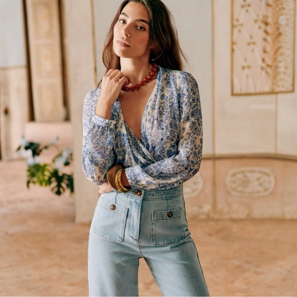 Sezane Amelia Blue and White Floral V Neck Faux Wrap Blouse - Picture 4 of 13